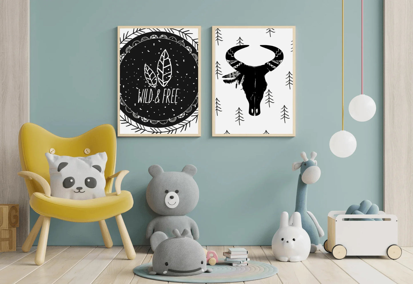 Black and white set of two prints featuring boho skull and "wild & Free" quote