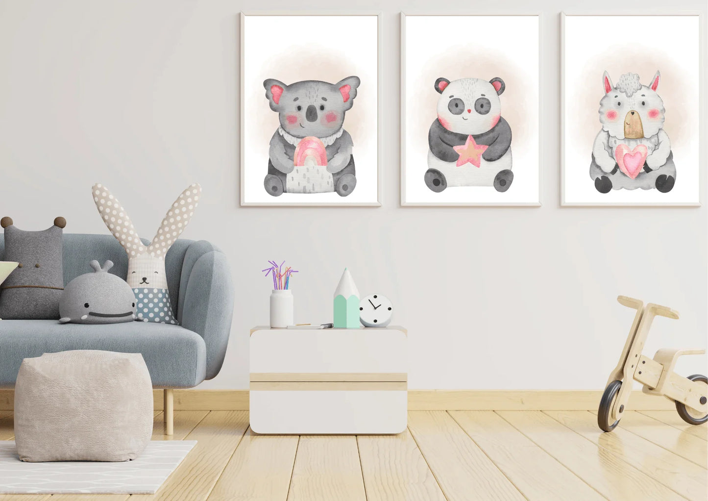 pink and grey nursery prints, featuring a panda, sheep and a koala