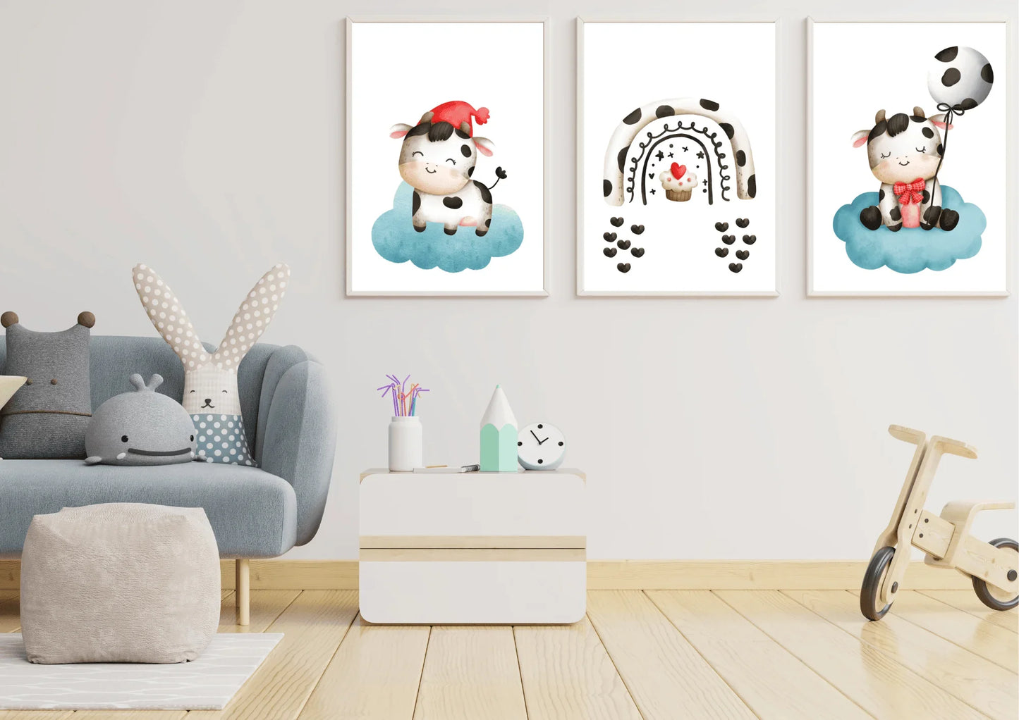 set of three cow-themed nursery prints