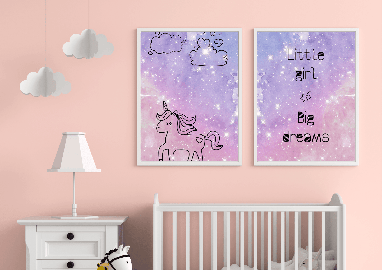 Set of two purple spaced themed unicorn prints