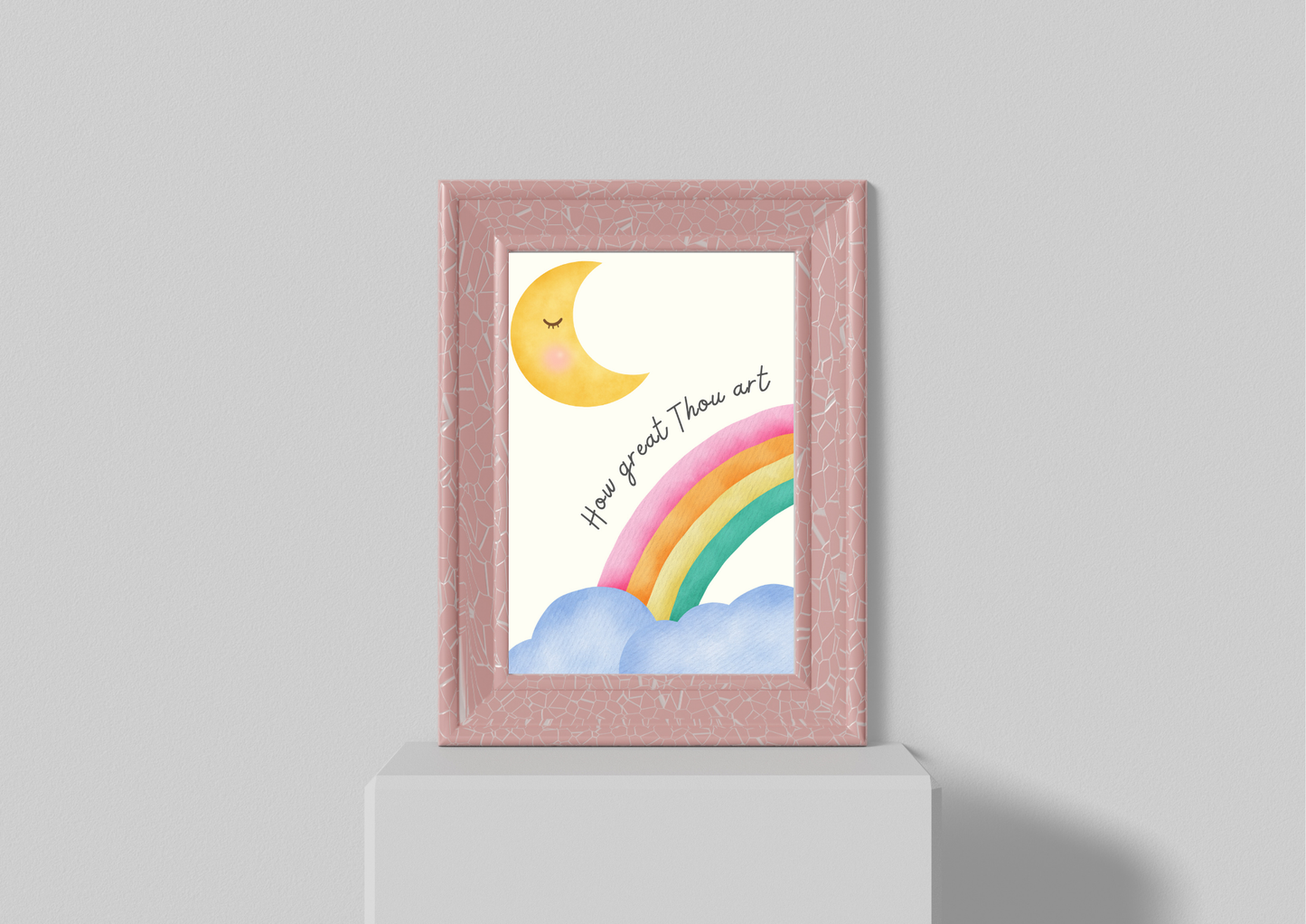 Framed religious-themed artwork with a rainbow and moon on a gray background