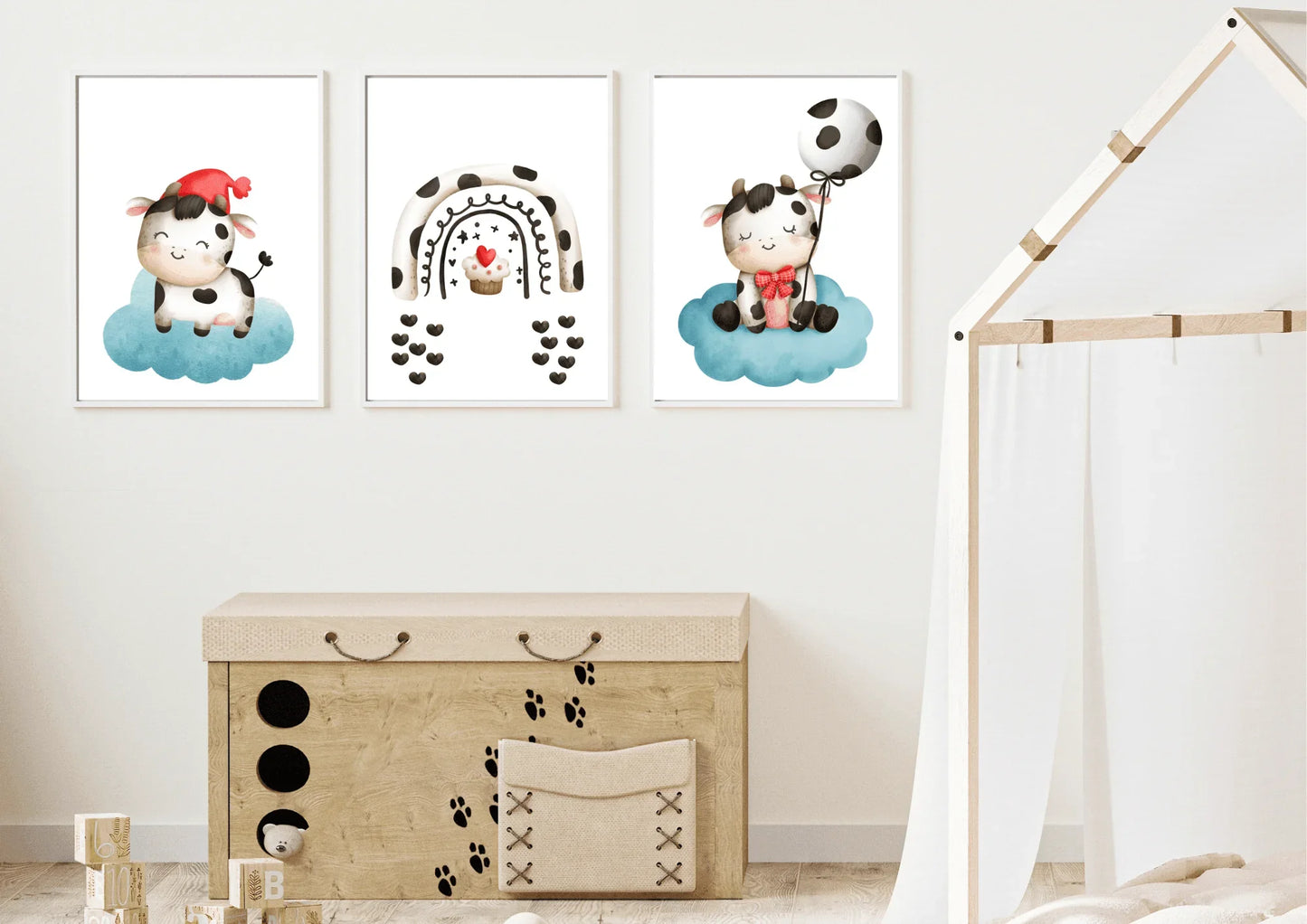 set of three cow-themed nursery prints