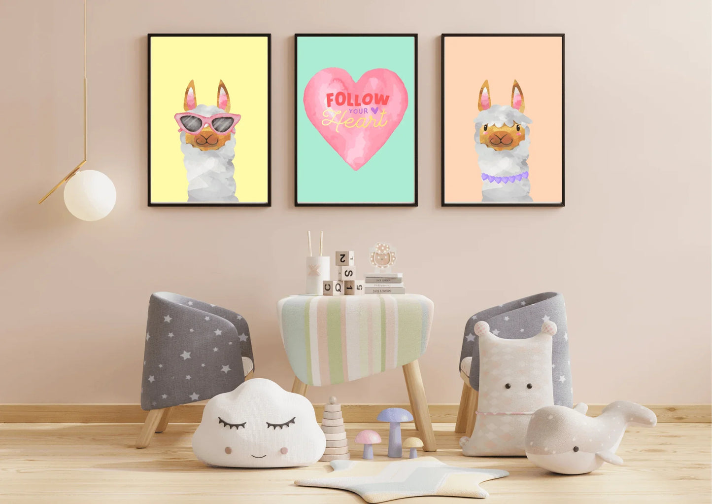 Set of three watercolor llama nursery prints