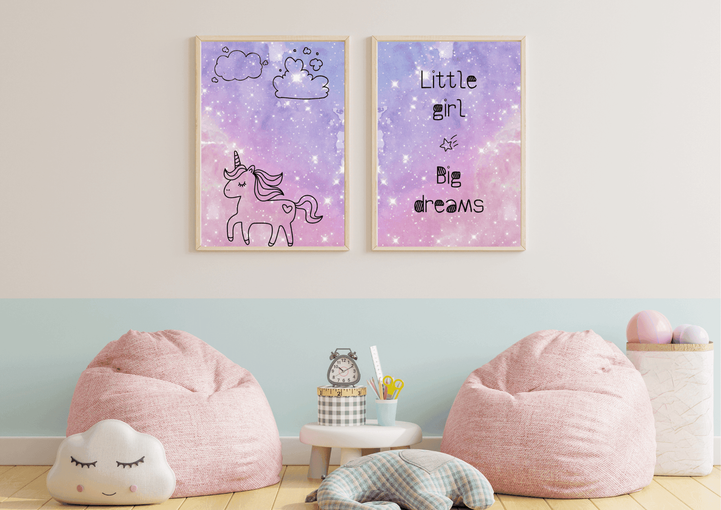 Set of two purple spaced themed unicorn prints