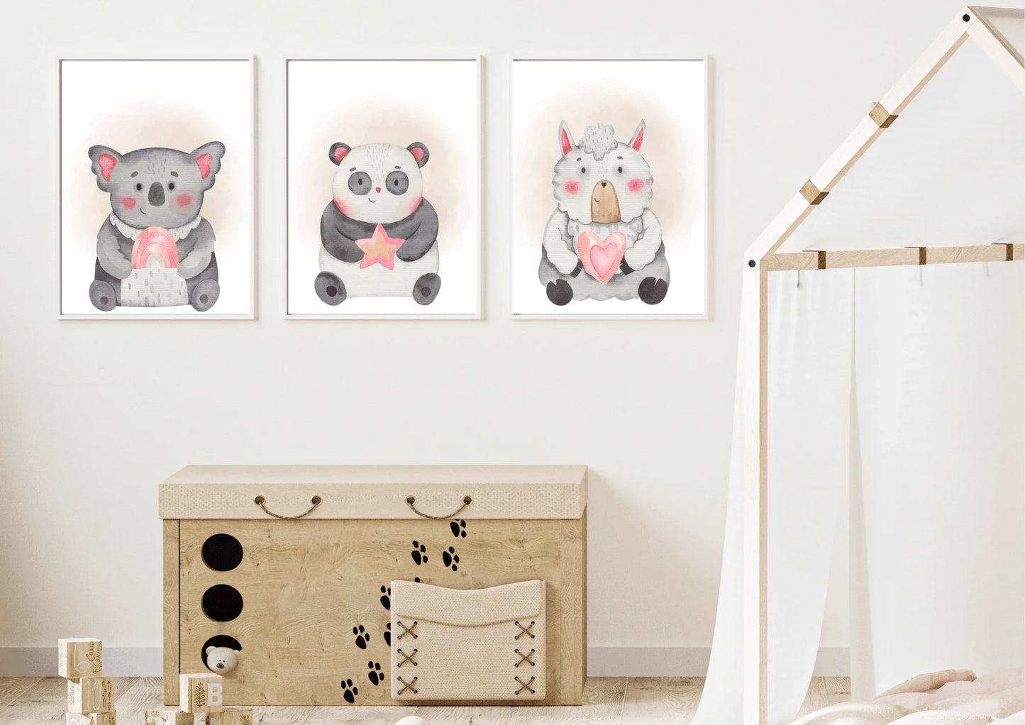 pink and grey nursery prints, featuring a panda, sheep and a koala