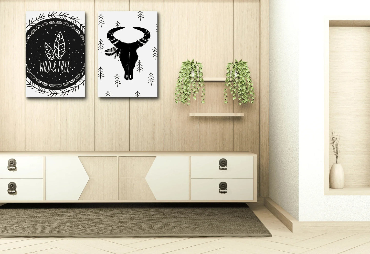 Black and white set of two prints featuring boho skull and "wild & Free" quote