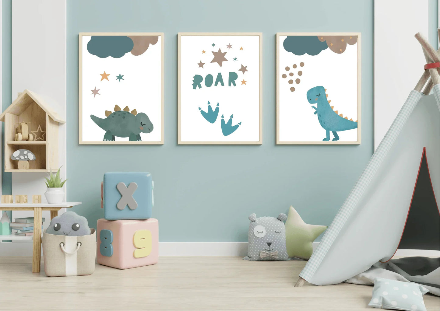 set of three dinosaur nursery prints
