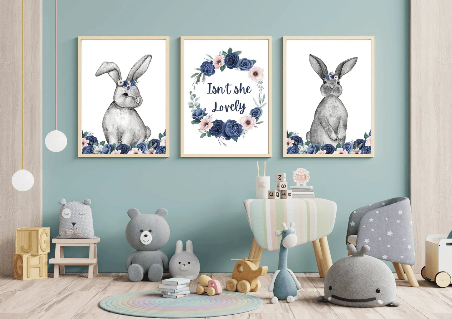 Set of three floral bunny nursery prints