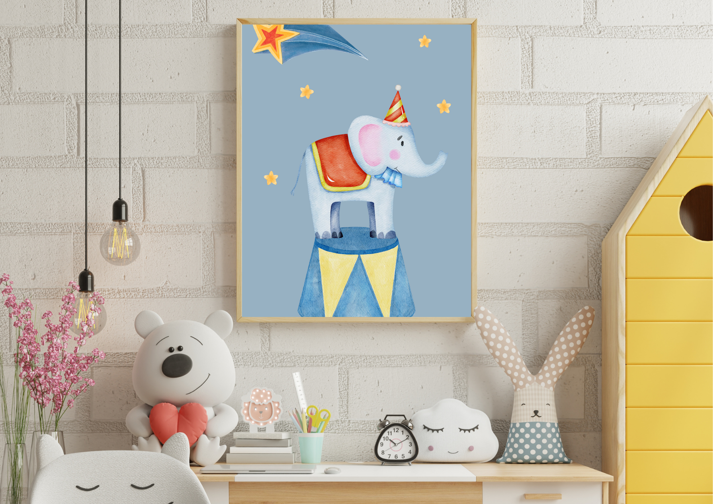 Children's room with a colorful elephant painting on the wall, teddy bear, and rabbit toys.