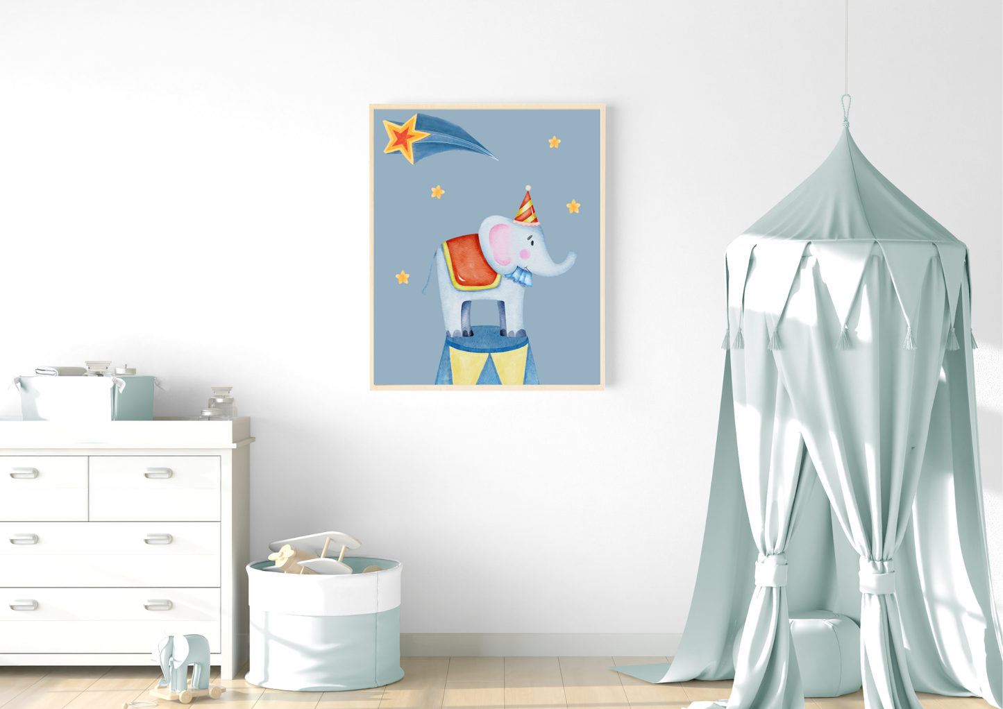 Children's room with a framed picture of an elephant in a circus hat and a canopy bed.