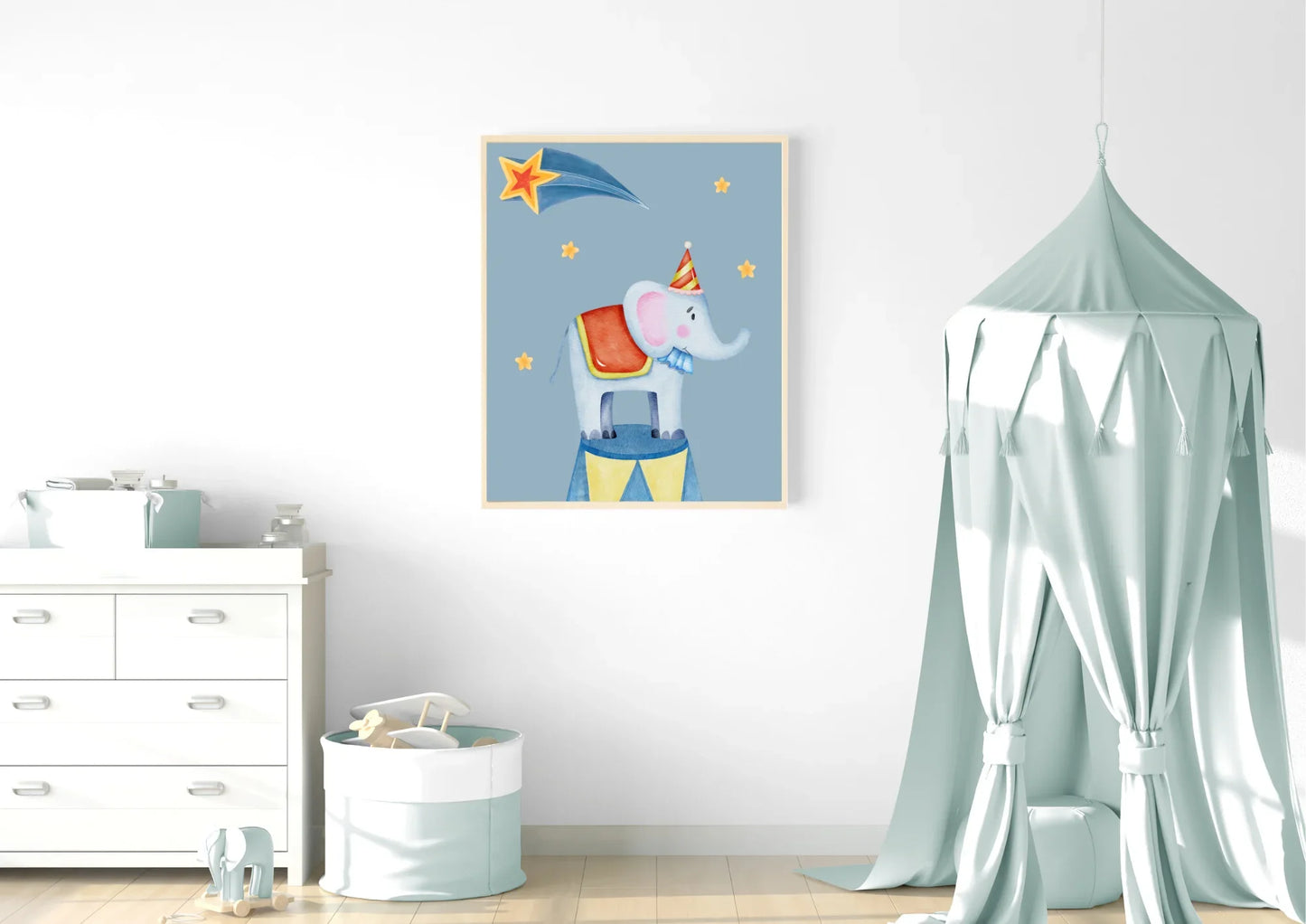 Children's room with a framed picture of an elephant in a circus hat and a canopy bed.