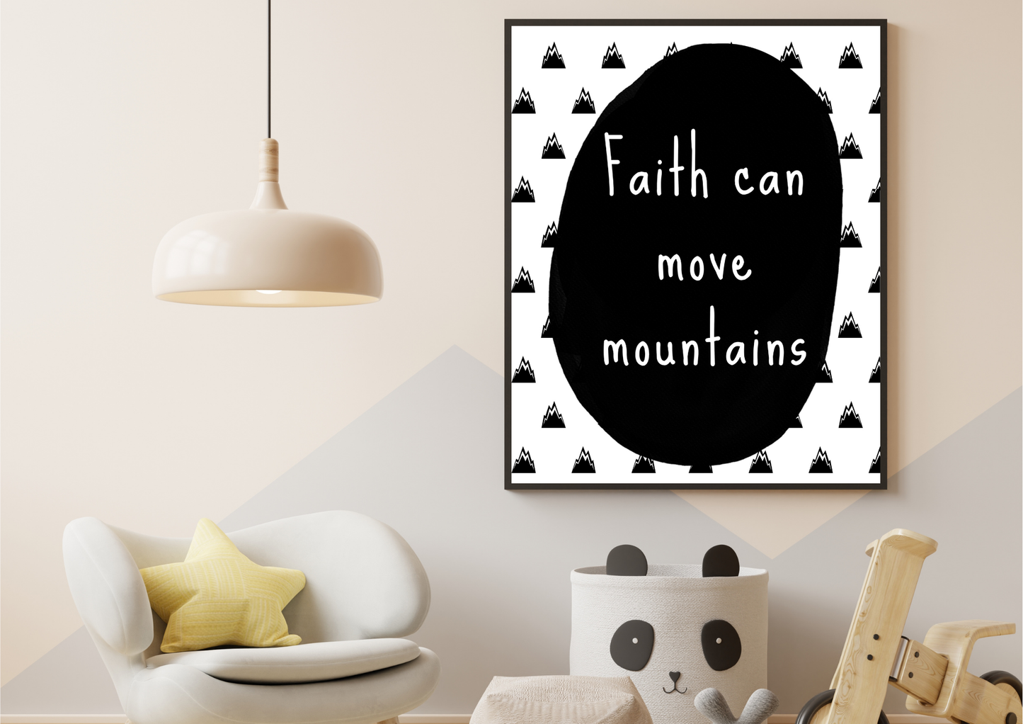 Framed artwork with 'Faith can move mountains' quote in a modern nursery room setting.
