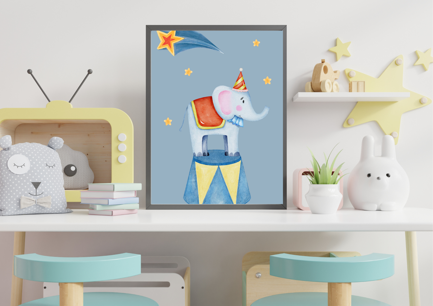 Children's room with a framed picture of an elephant in a circus outfit, toys, and a small TV.