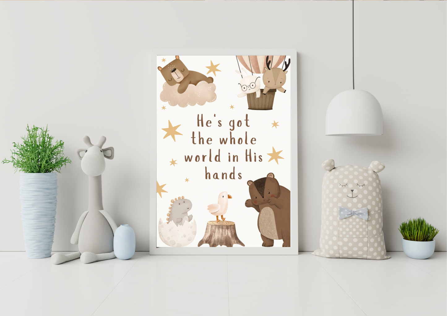 Children's Christian wall art with animal illustrations and text in a room setting.