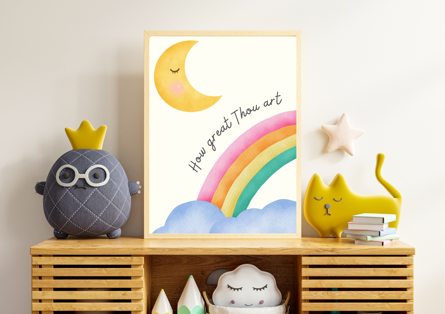 Decorative shelf with a Christian framed print of a rainbow and moon, surrounded by colorful plush toys.
