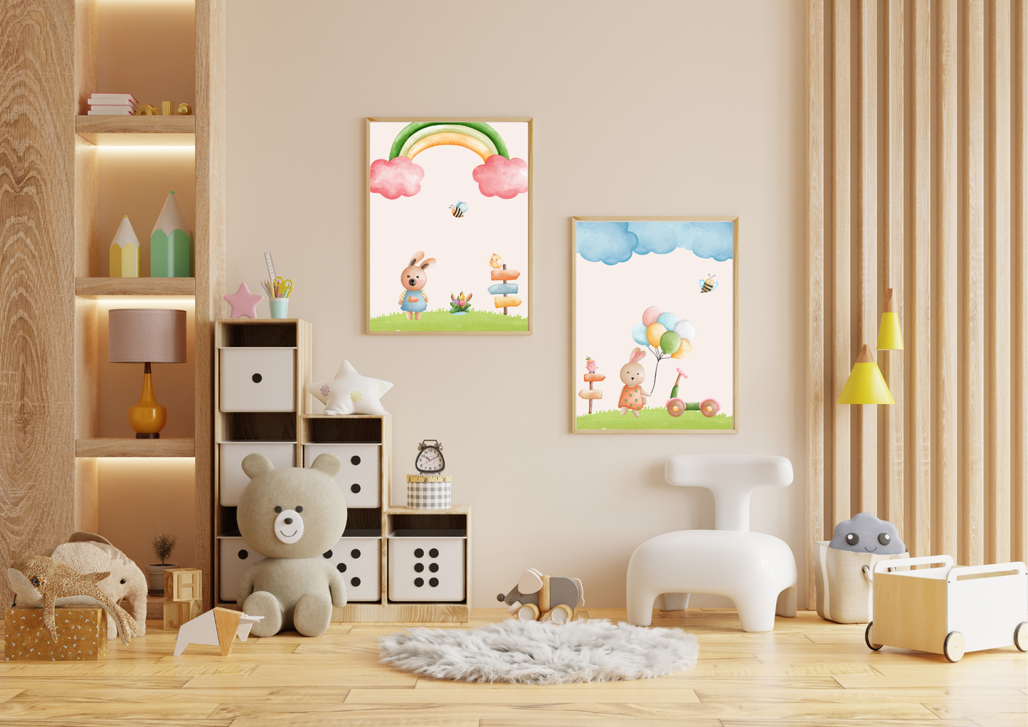 Children's room with colorful wall art, toys, and furniture.