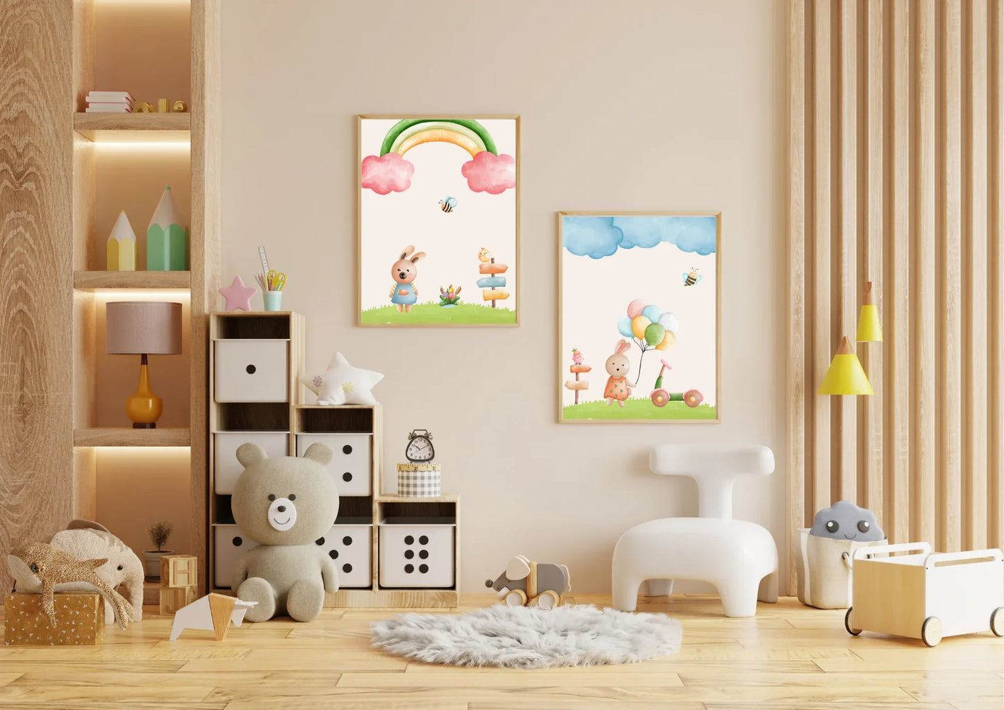 Children's room with colorful wall art, toys, and furniture.