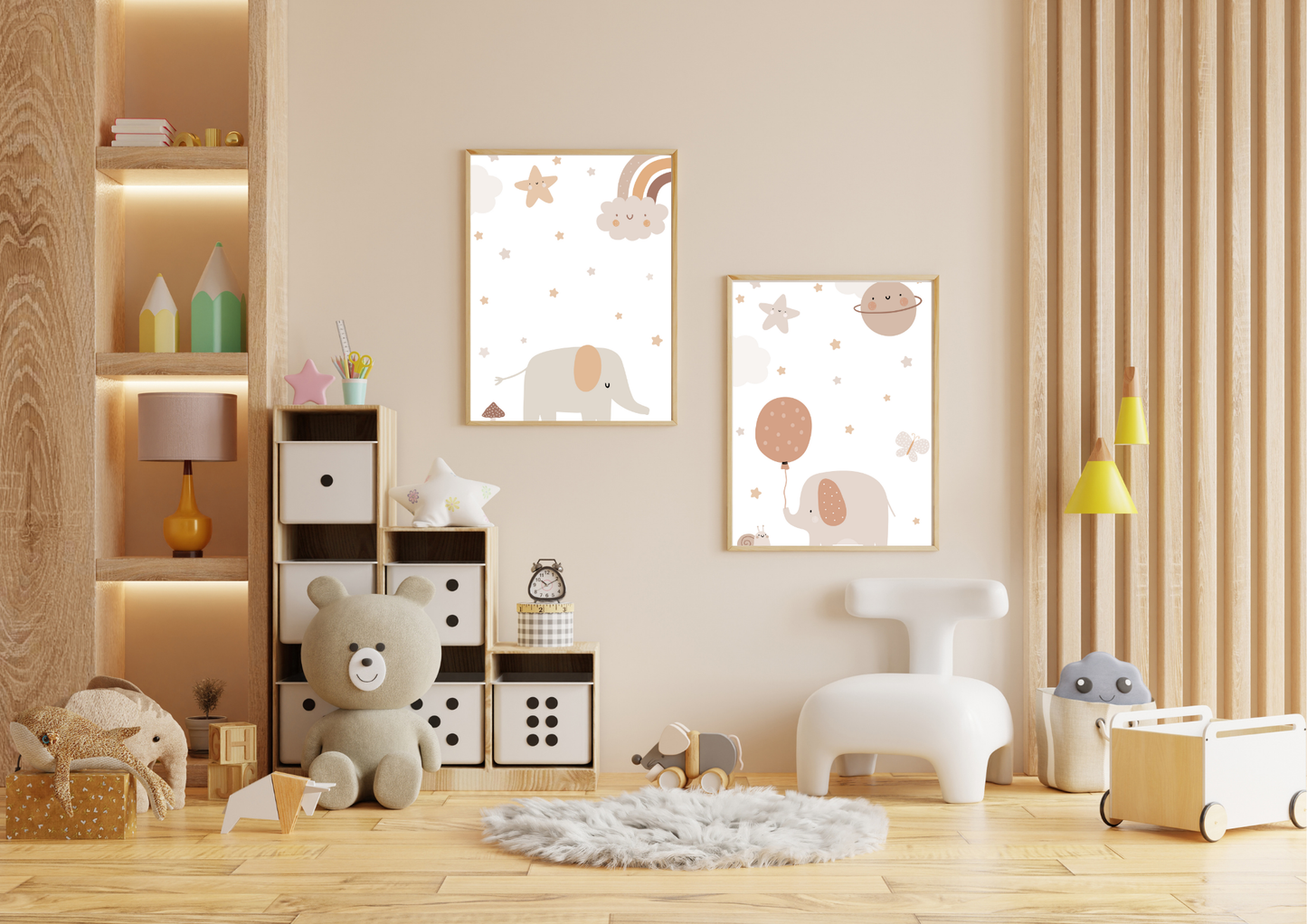 Children's room with teddy bear, shelves, and elephant wall art