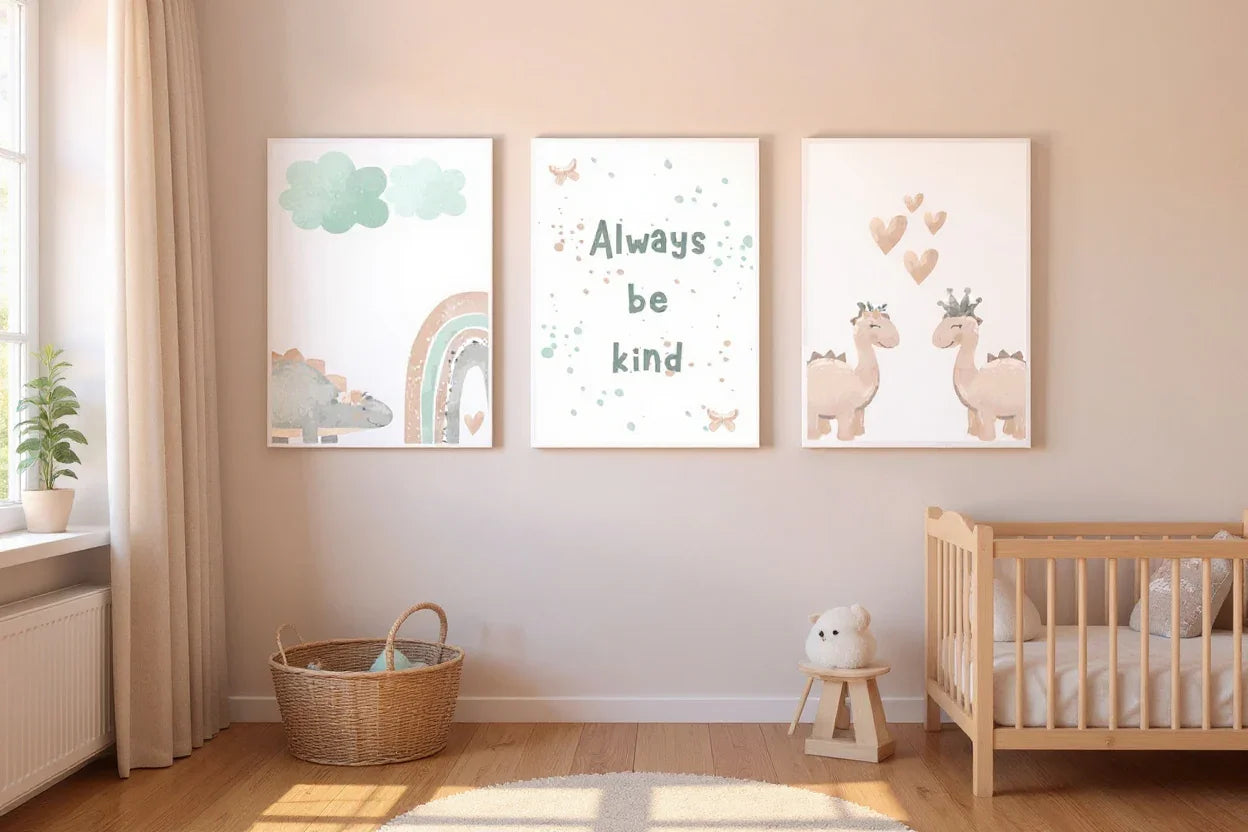 Three framed pastel dinosaur and "Always Be Kind" prints on a beige wall above a natural wood baby crib and a woven basket.