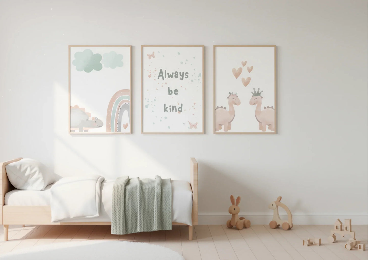 Three framed pastel dinosaur and "Always Be Kind" prints on a white wall above a wooden toddler bed with a mint green blanket and wooden toys.