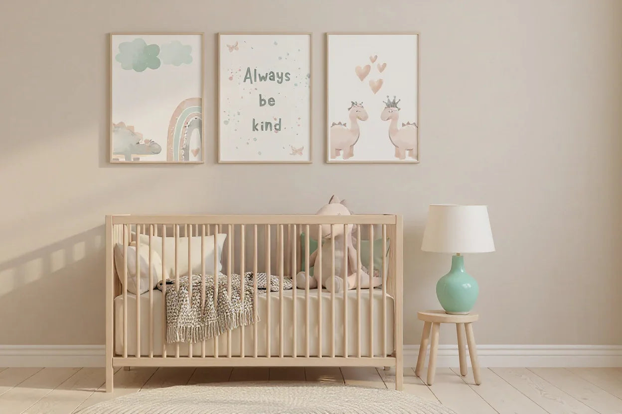 Three framed pastel dinosaur and "Always Be Kind" prints on a beige wall above a wooden baby crib with a mint green lamp on a stool.