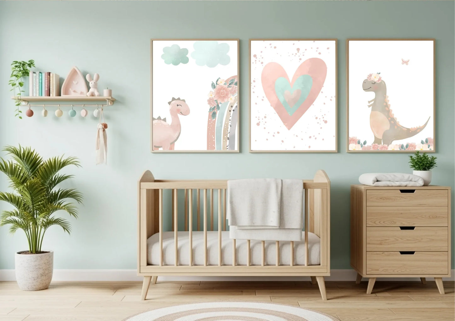 Nursery room with wooden crib, dresser, and decorative wall art.