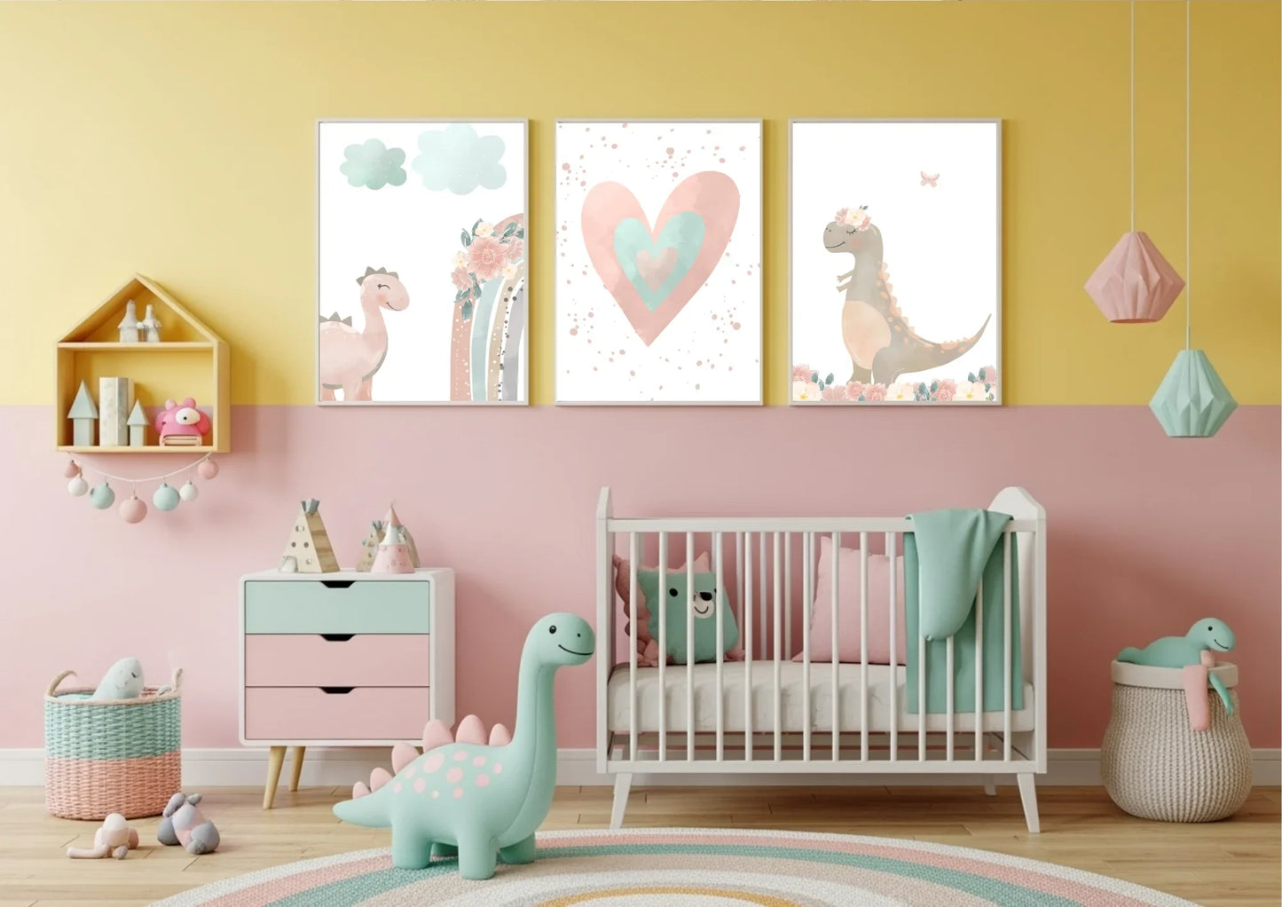 Children's room with pastel-colored walls, furniture, and decorations.
