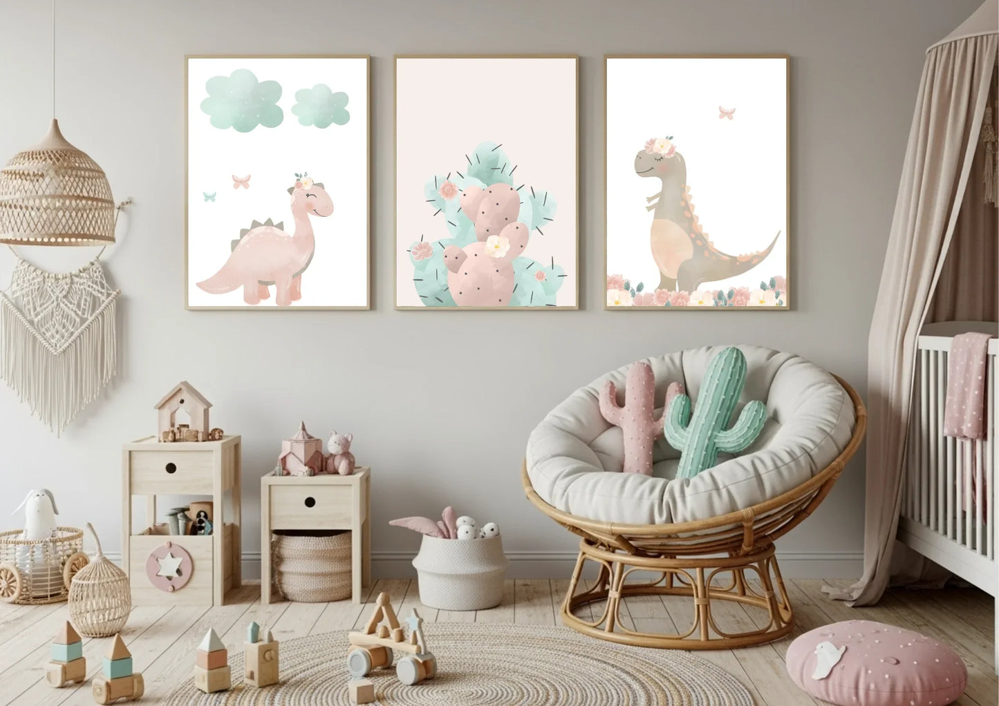 Children's room with dinosaur-themed wall art and wooden toys.