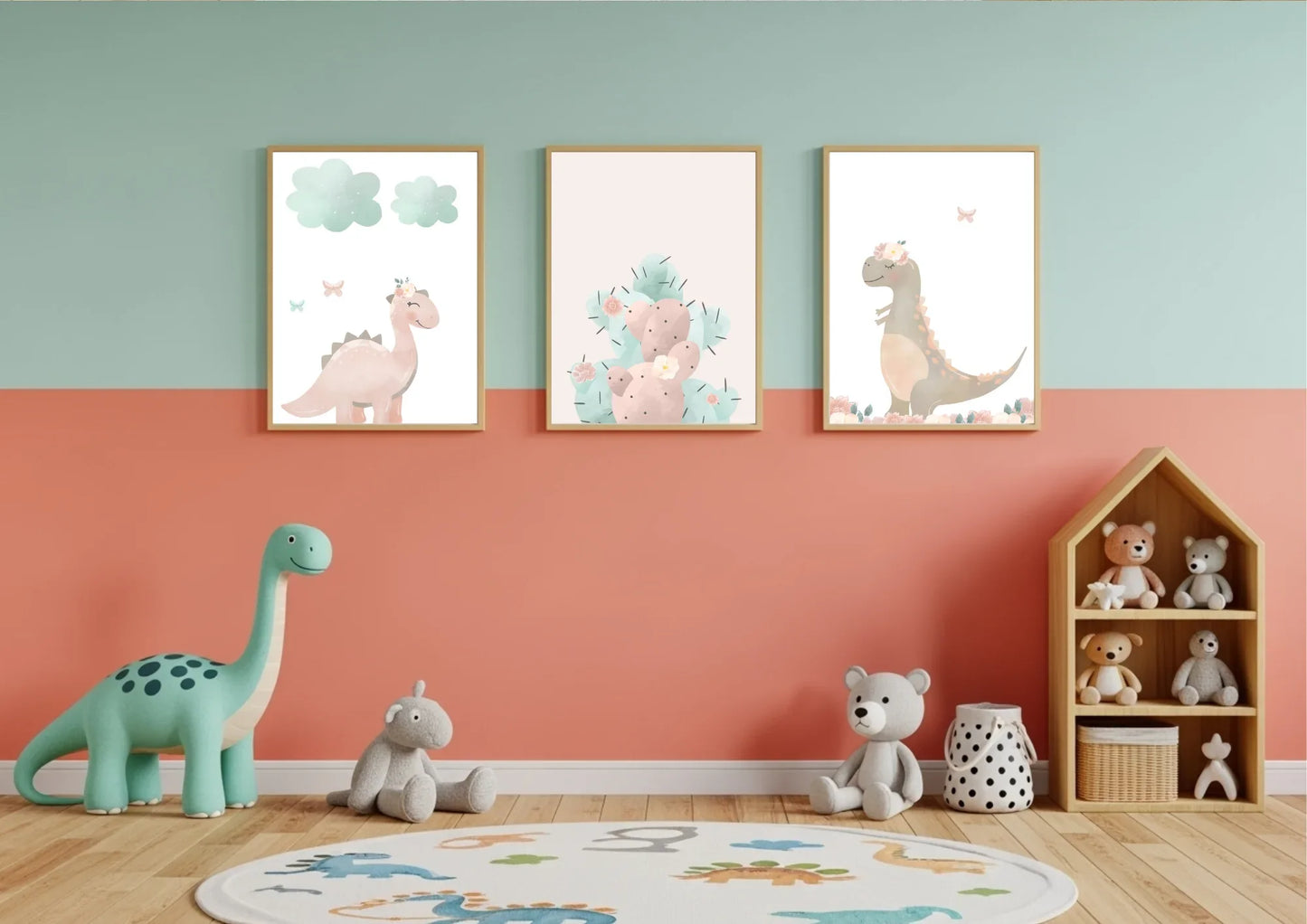 Children's room with dinosaur decor, teddy bears, and a bookshelf.