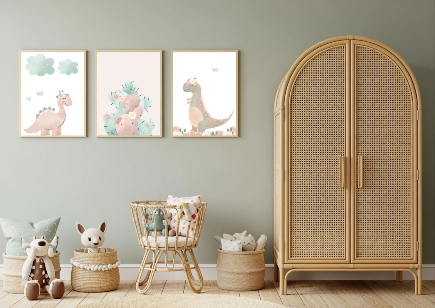 Children's room with wicker wardrobe, baby crib, and dinosaur-themed wall art.