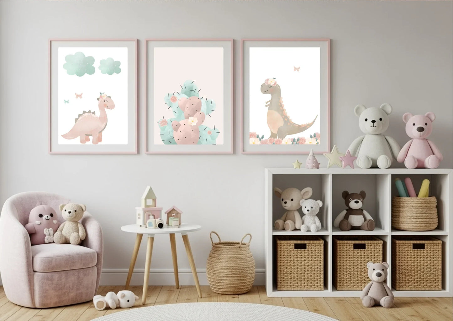 Children's room with dinosaur-themed wall art, teddy bears, and a shelf.
