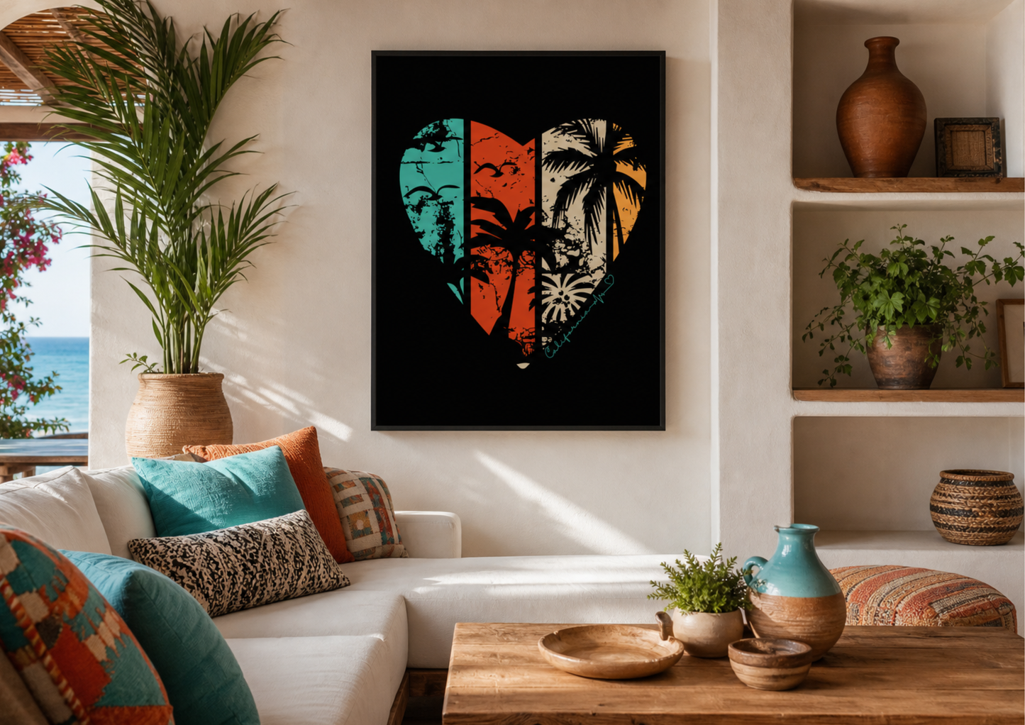 A framed vertical art print hangs above a sofa in a sunlit coastal living room, featuring a retro California-themed heart graphic with palm trees and a distressed palette. The room is decorated in a bohemian style with teal and orange pillows, a wooden coffee table, and built-in shelving holding pottery and plants. To the left, a large window or door opens to a view of the sea and sky, with a tall potted palm adding to the airy, beach-inspired atmosphere.
