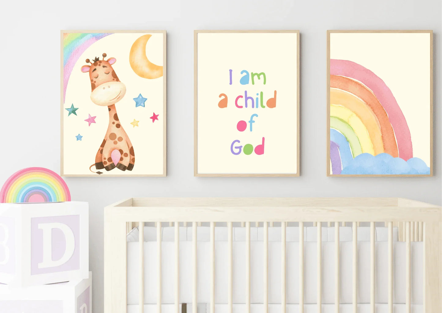 Set of three religious nursery art, featuring a watercolour giraffe and rainbow with the quote " I am a child of God"
