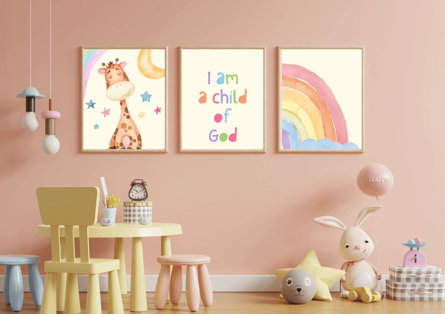 Set of three religious nursery art, featuring a watercolour giraffe and rainbow with the quote " I am a child of God"
