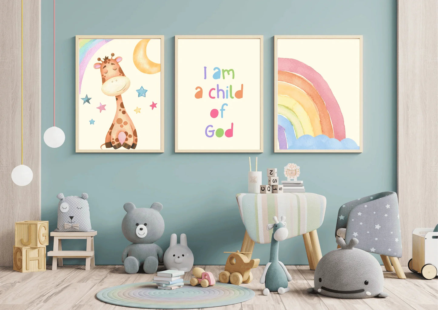 Set of three religious nursery art, featuring a watercolour giraffe and rainbow with the quote " I am a child of God"