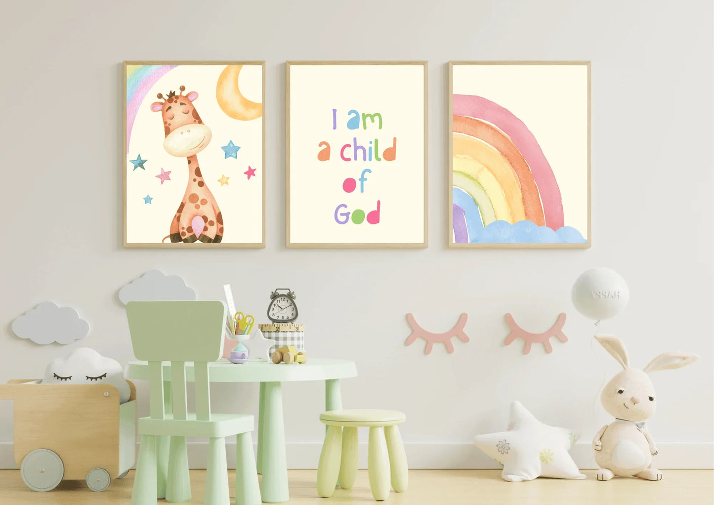 Set of three religious nursery art, featuring a watercolour giraffe and rainbow with the quote " I am a child of God"