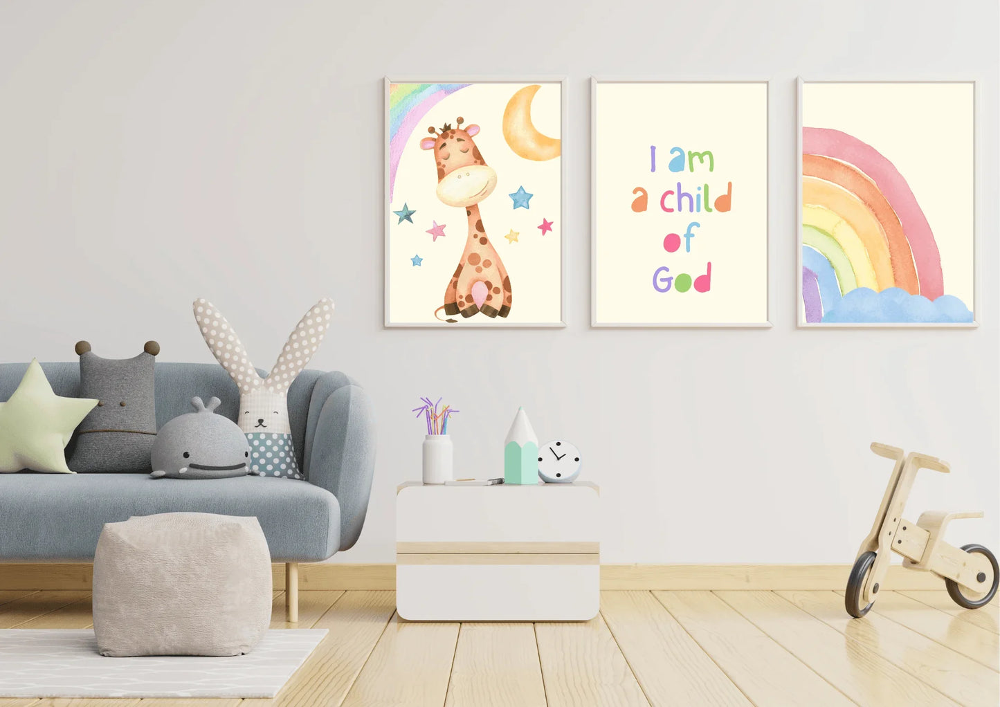 Set of three religious nursery art, featuring a watercolour giraffe and rainbow with the quote " I am a child of God"