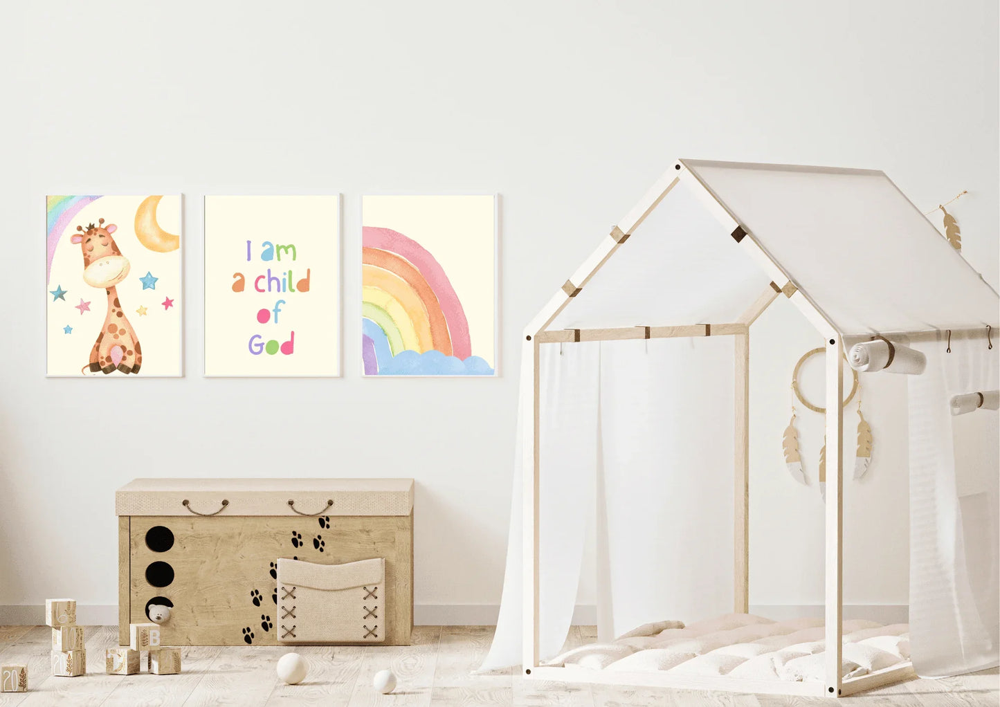 Set of three religious nursery art, featuring a watercolour giraffe and rainbow with the quote " I am a child of God"