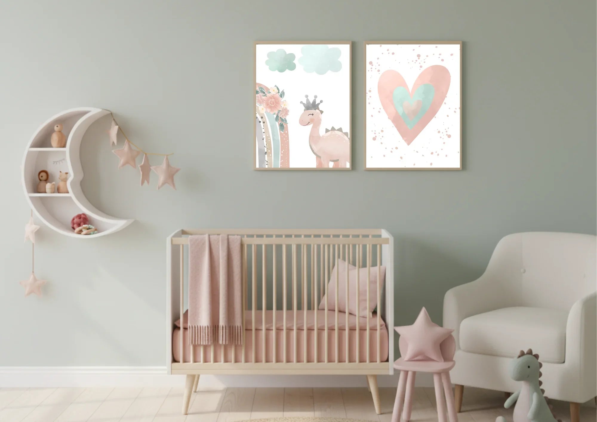 Pink Dino & Heart Prints | Nursery Art | littlejellybean.art