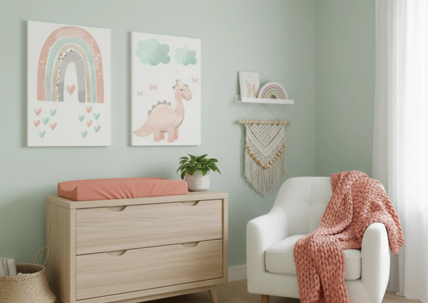 Nursery room with light green walls, wooden dresser, and white chair with pink blanket.