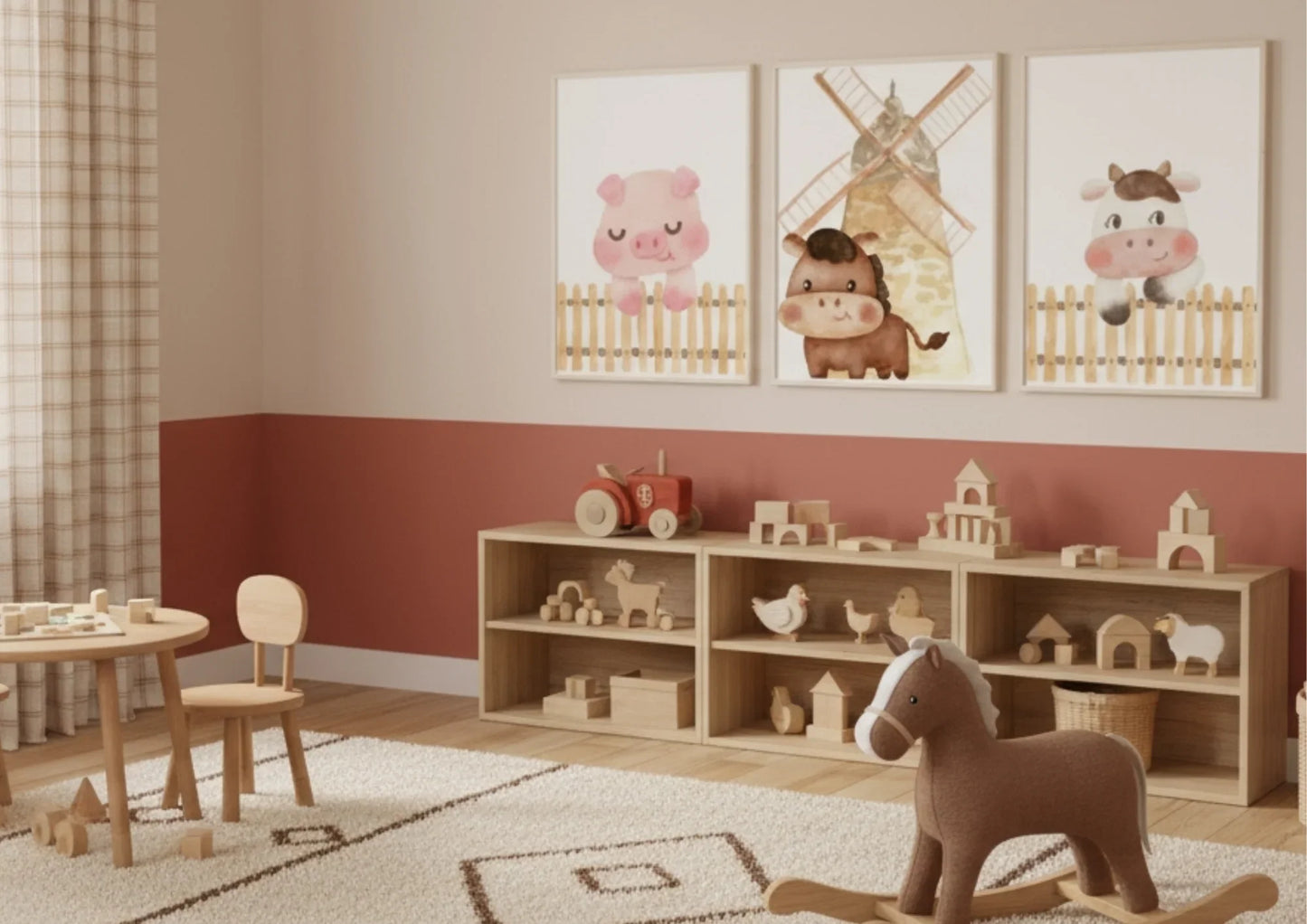 Children's playroom with wooden furniture, toys, and wall art featuring animals.