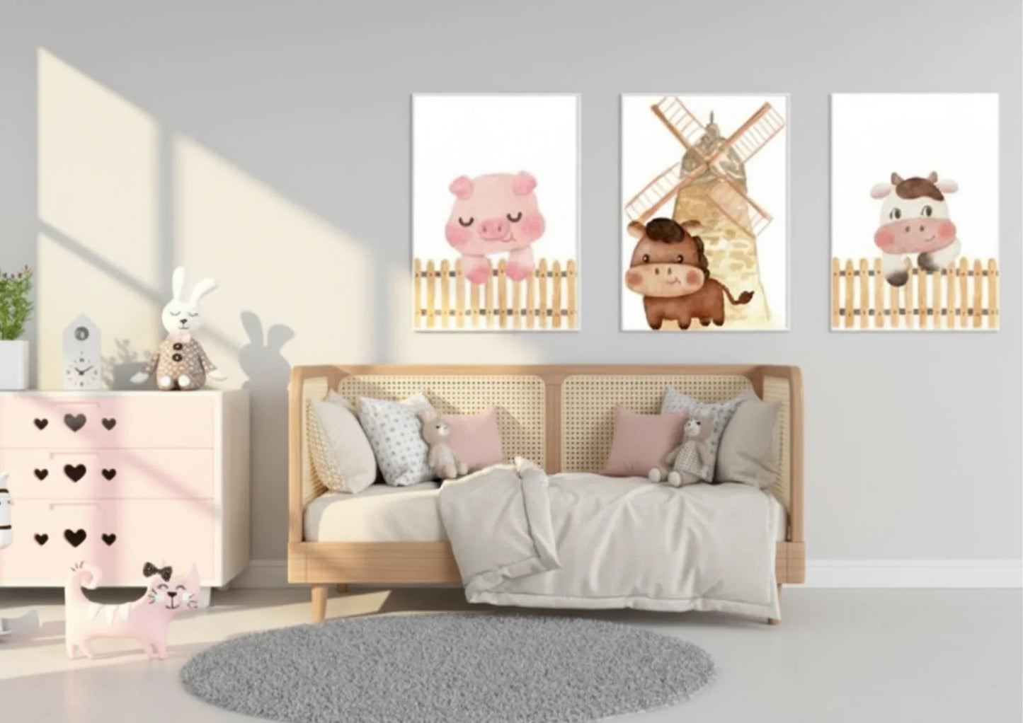 Children's bedroom with a bed and wall art featuring animals.