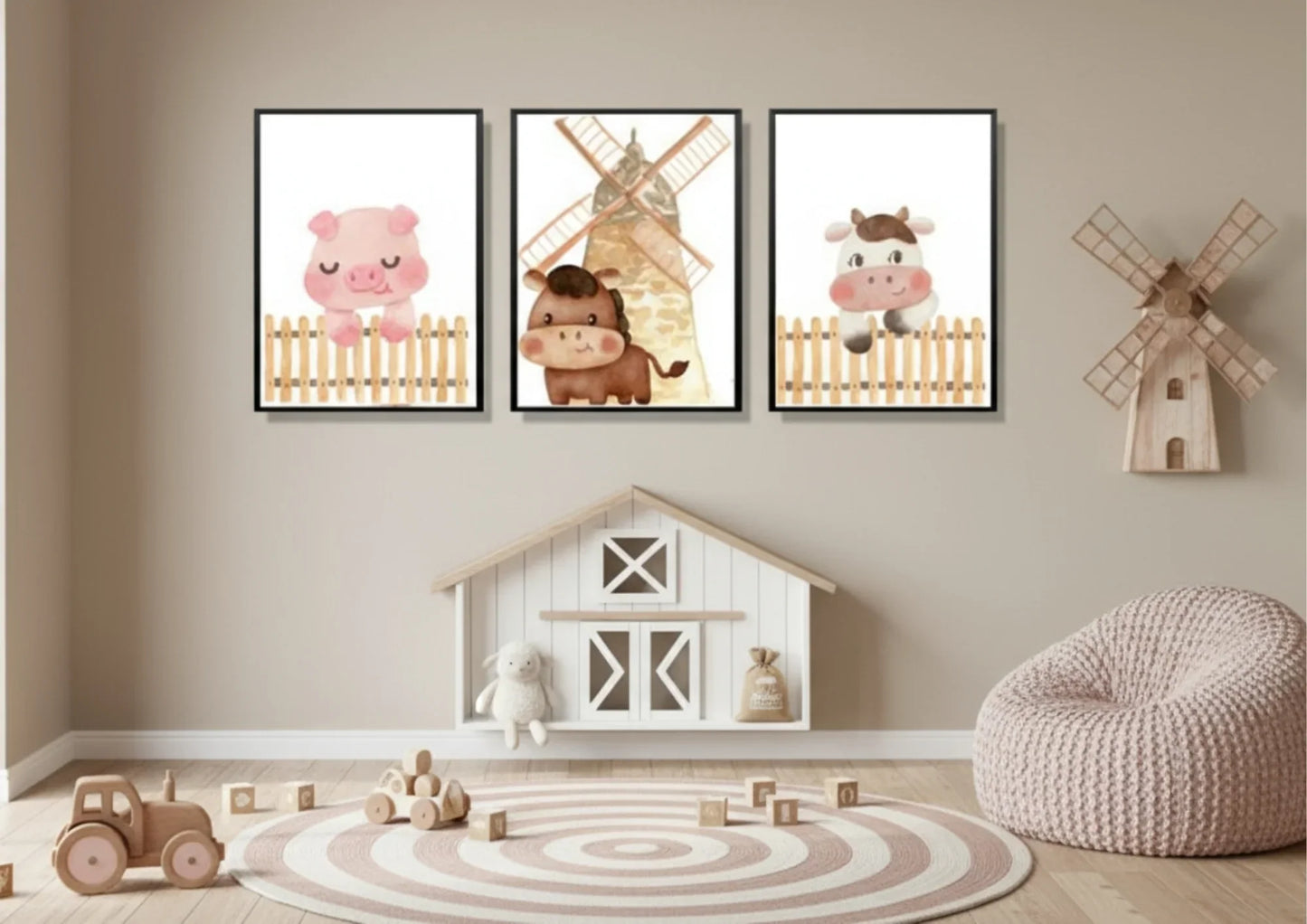 Children's room with wall art of animals, a toy barn, and wooden toys on a wooden floor.