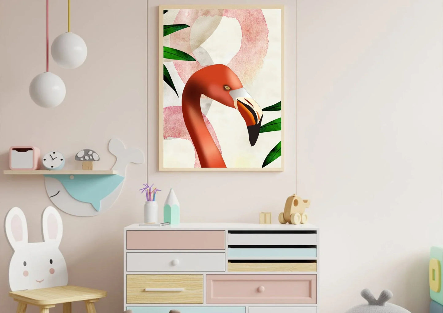 Children's room with a flamingo painting on the wall, colorful dresser, and toys.