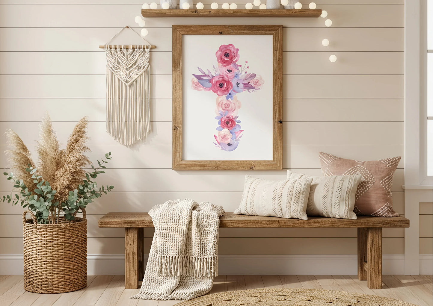 Nest living room with wooden bench, floral cros wall art, and decorative elements.