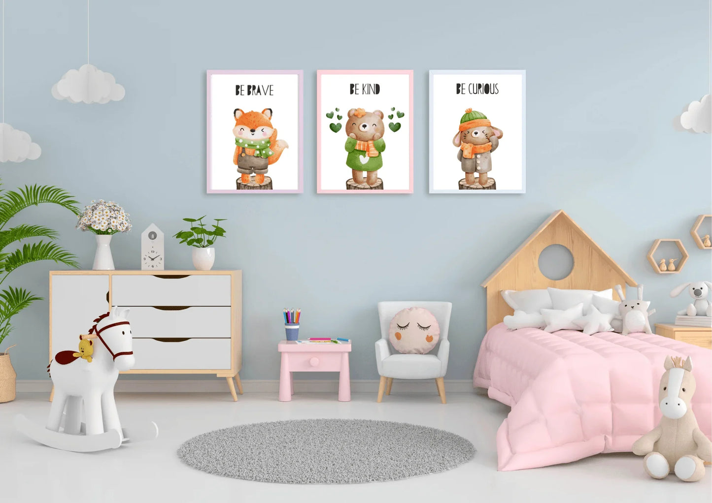 Children's bedroom with posters of animals, and furniture.