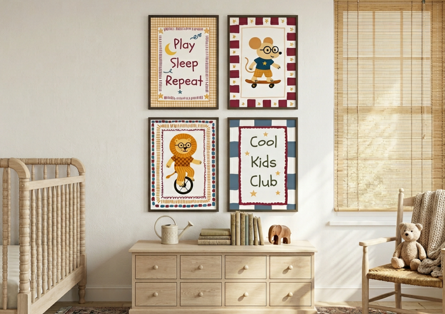 Nursery room with framed posters on the wall and wooden furniture.