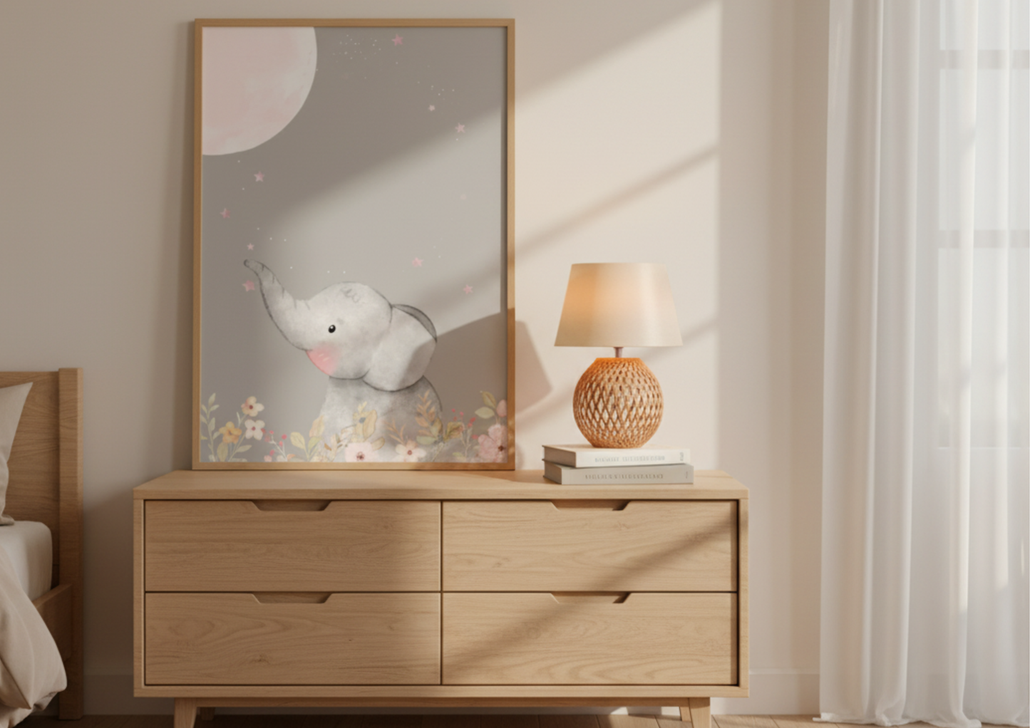 Wooden dresser with a framed picture of an elephant and a lamp in a bedroom setting.