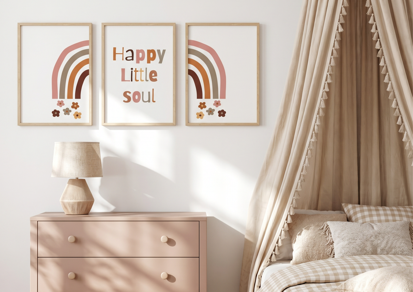 Children's room with framed rainbow art and 'Happy Little Soul' text, light wooden dresser, and bed with plaid bedding.