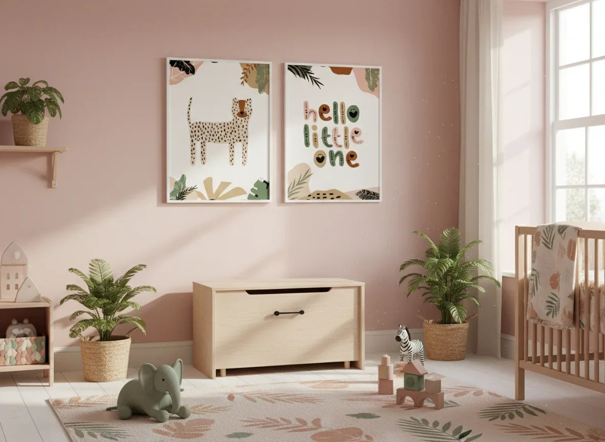 A warm pink-walled nursery featuring a two-piece framed art set with a boho jungle theme, including a cheetah/leopard print and "hello little one." The room has a light wooden toy chest, several potted plants, a jungle-themed rug, and a crib on the right.